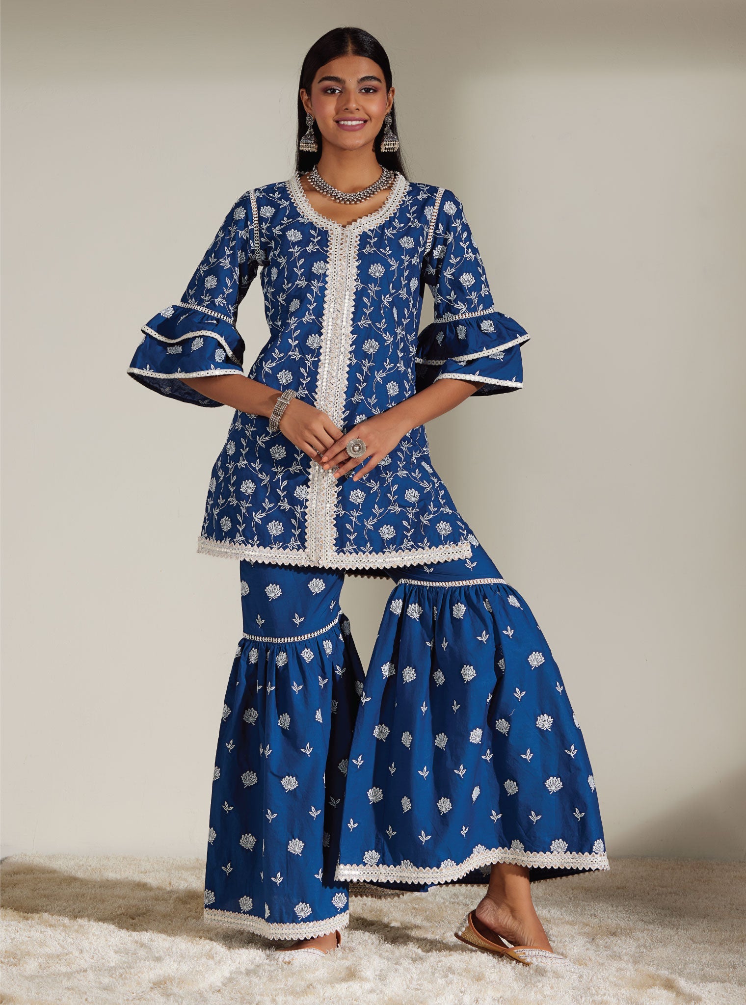 Mulmul Cotton Keziah Navy Kurta With Keziah Navy Garara