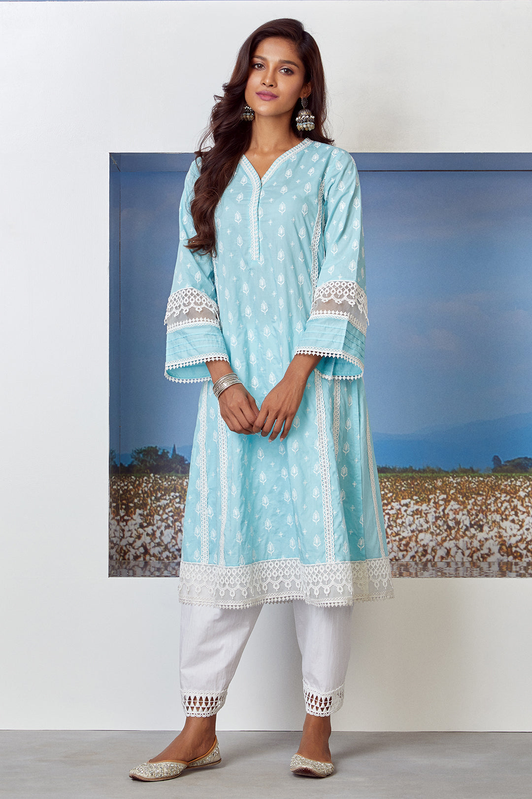 Mulmul Cotton Lake Shore Turq Kurta