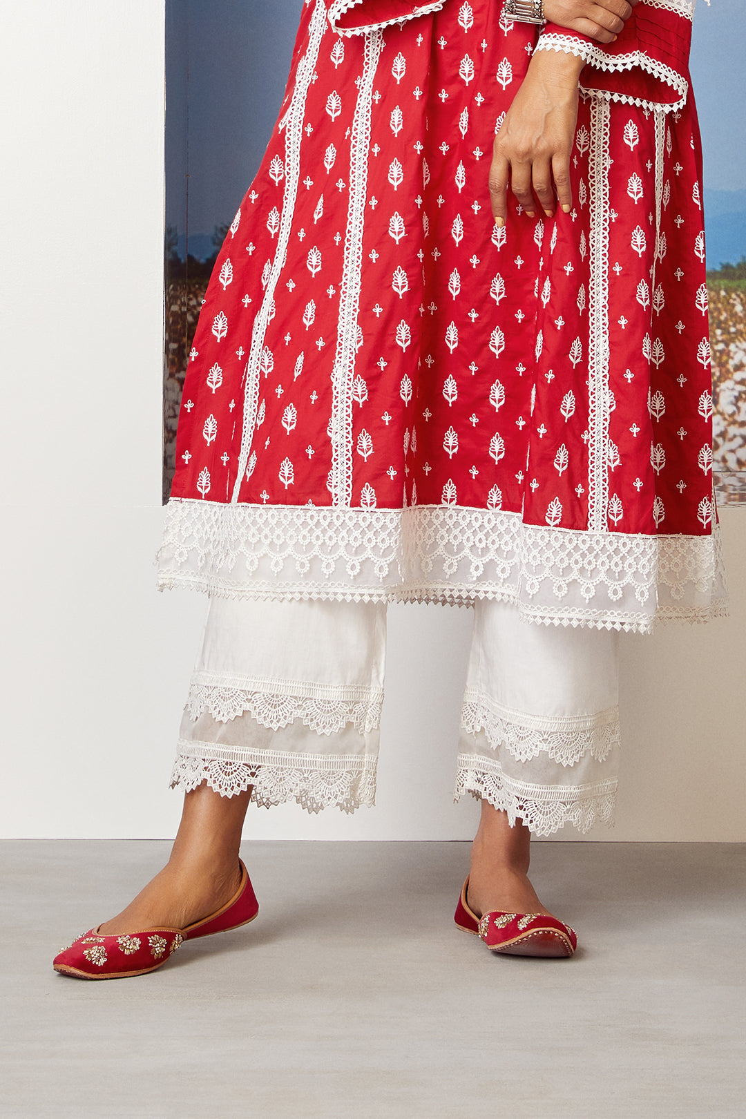 Mulmul Cotton Lakeshore Red Kurta With Two Lace White Palazzo