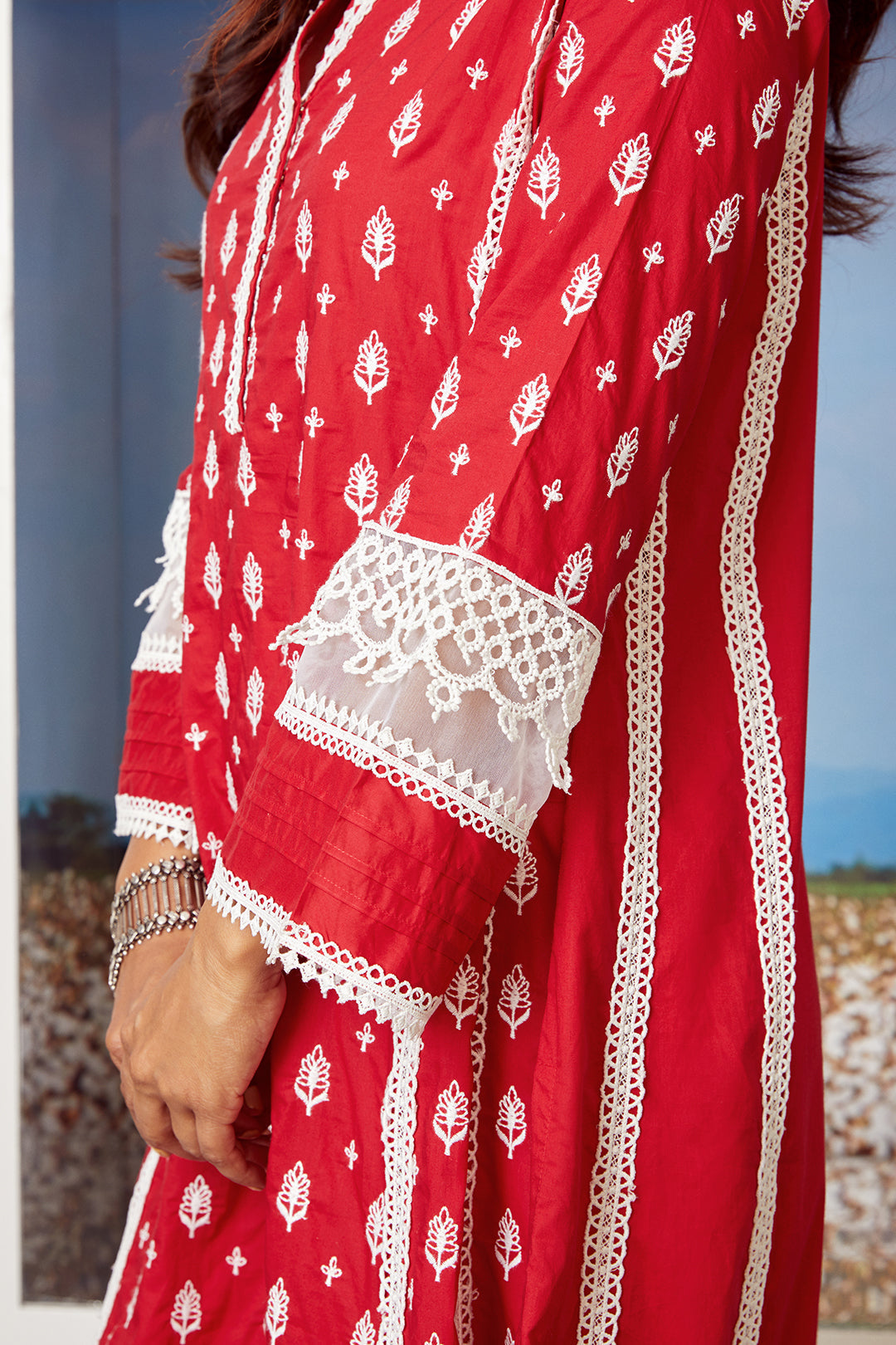 Mulmul Cotton Lakeshore Red Kurta With Two Lace White Palazzo