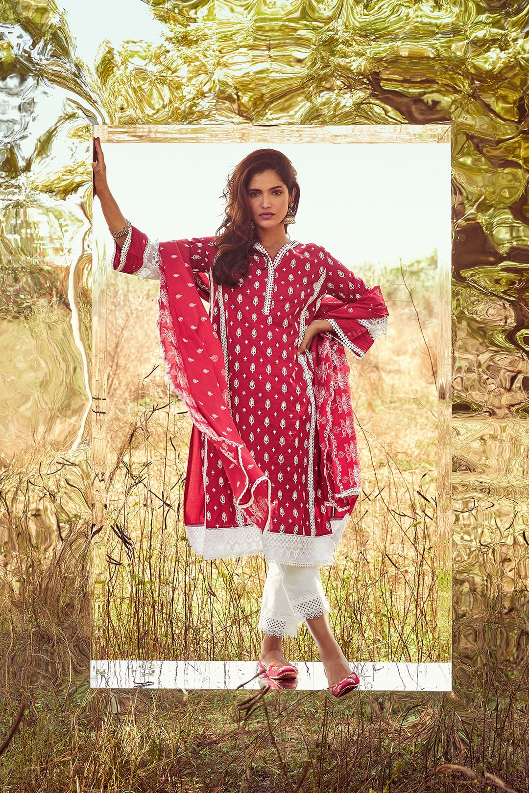 Mulmul Cotton Lakeshore Red Kurta With Two Lace White Palazzo