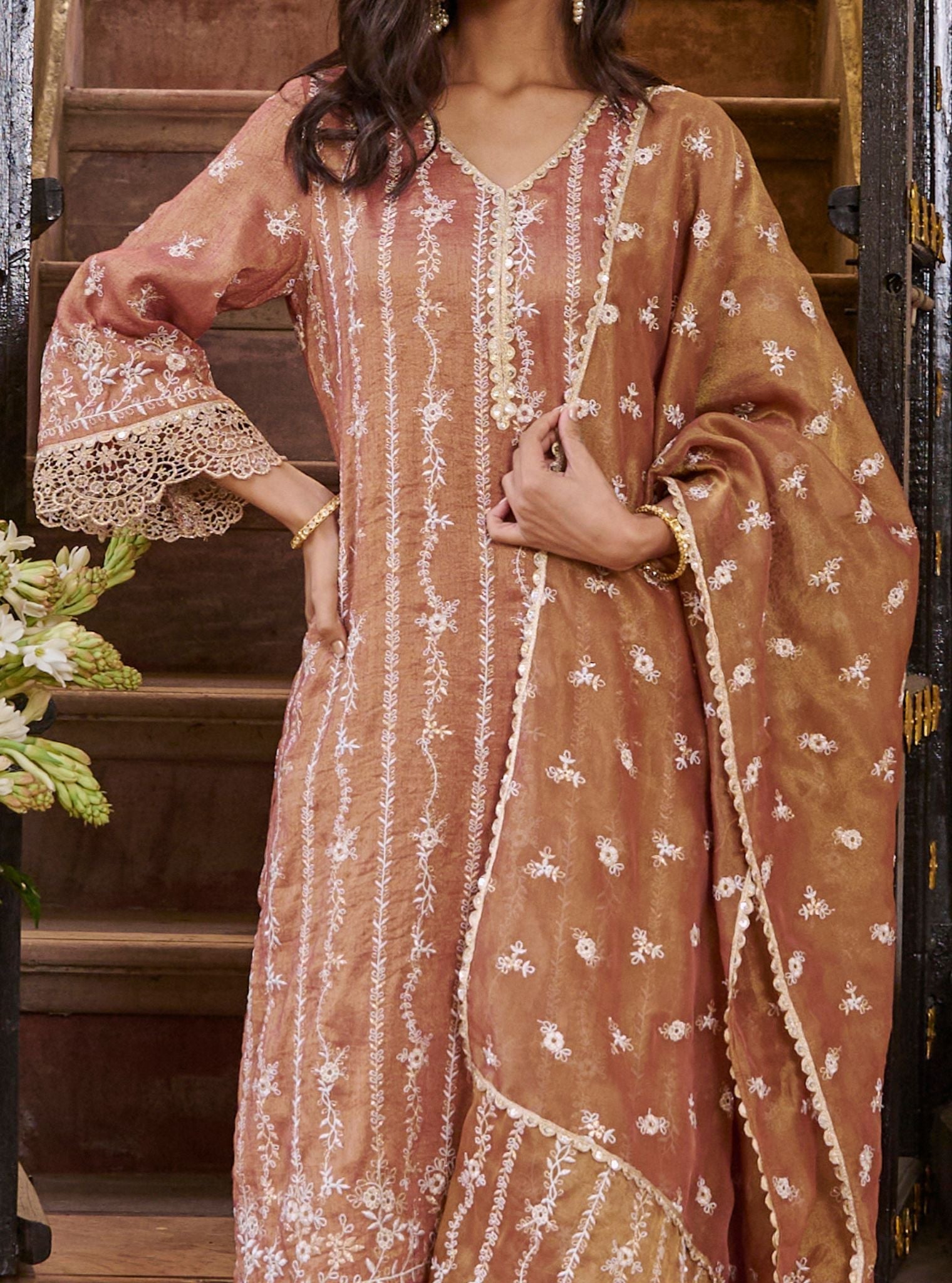 Mulmul Luxe Tissue Satin Chaleya Old Rose Kurta with Mulmul Tissue Satin Chaleya Old Rose Pant