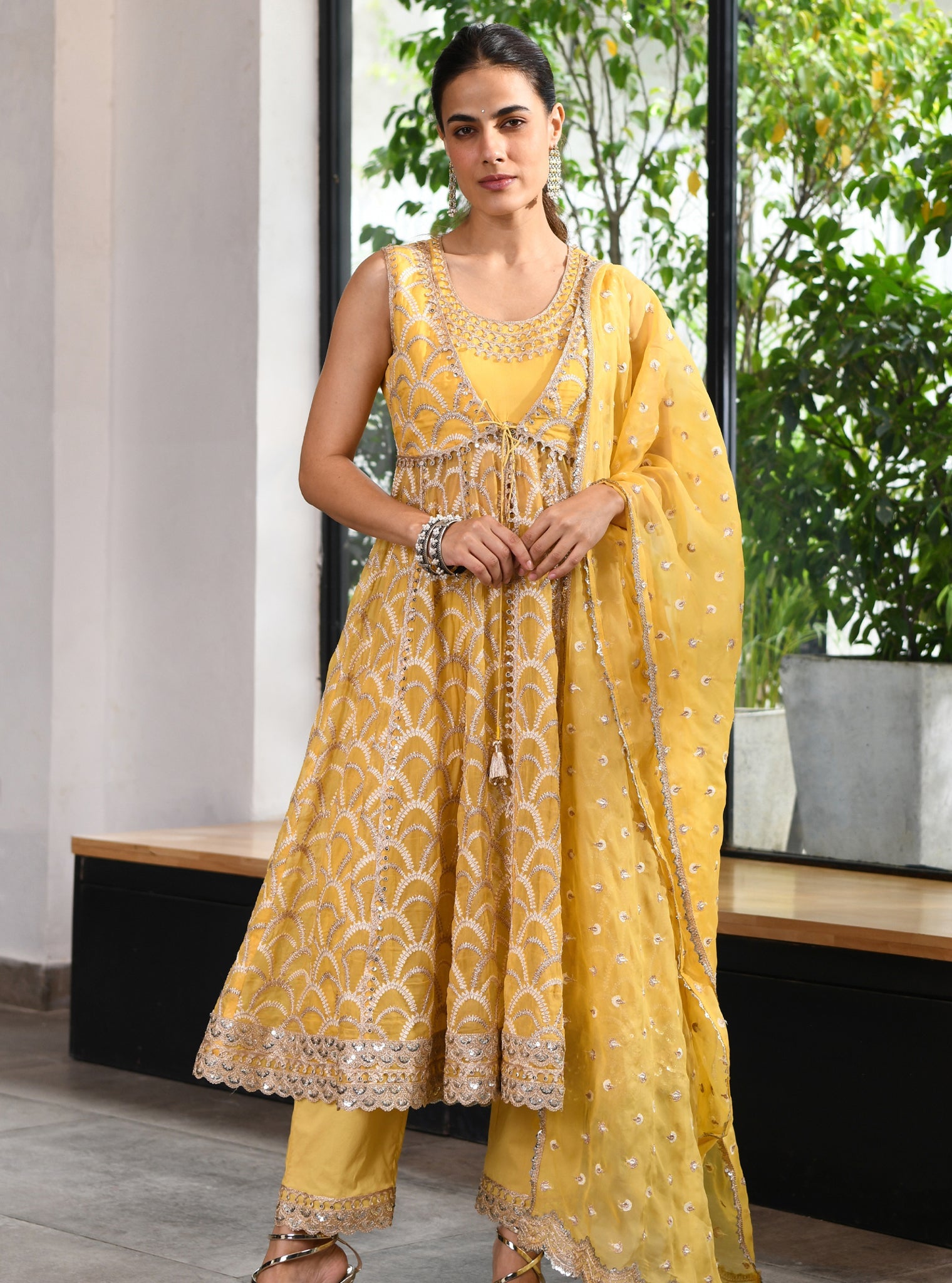 Mulmul Organza Leona Sl Less Anarkali Yellow Kurta With Mulmul Cotton Leona Yellow Pant