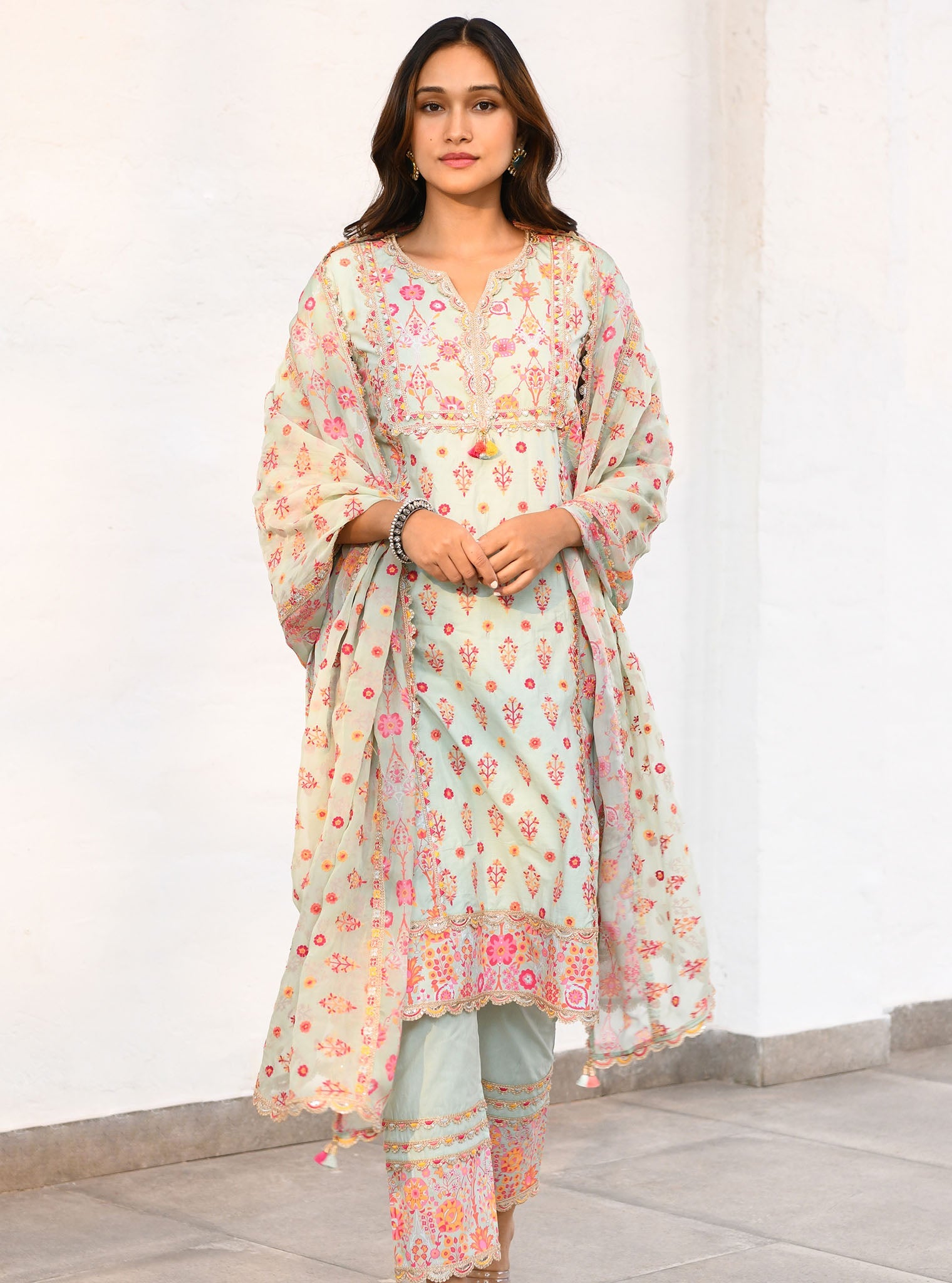 Mulmul Cotton Lexi Green Kurta With Lexi Green Pant