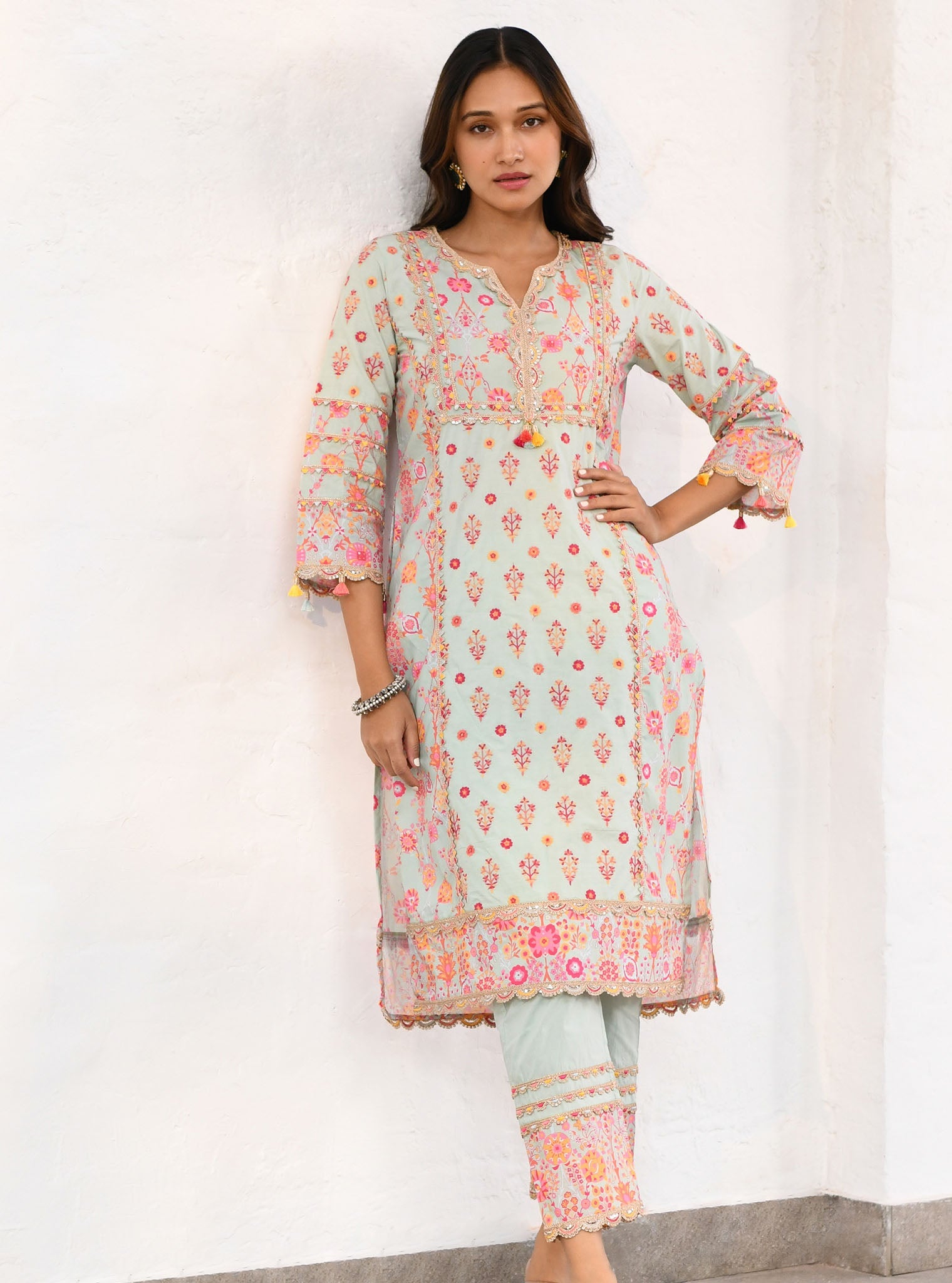 Mulmul Cotton Lexi Green Kurta With Lexi Green Pant