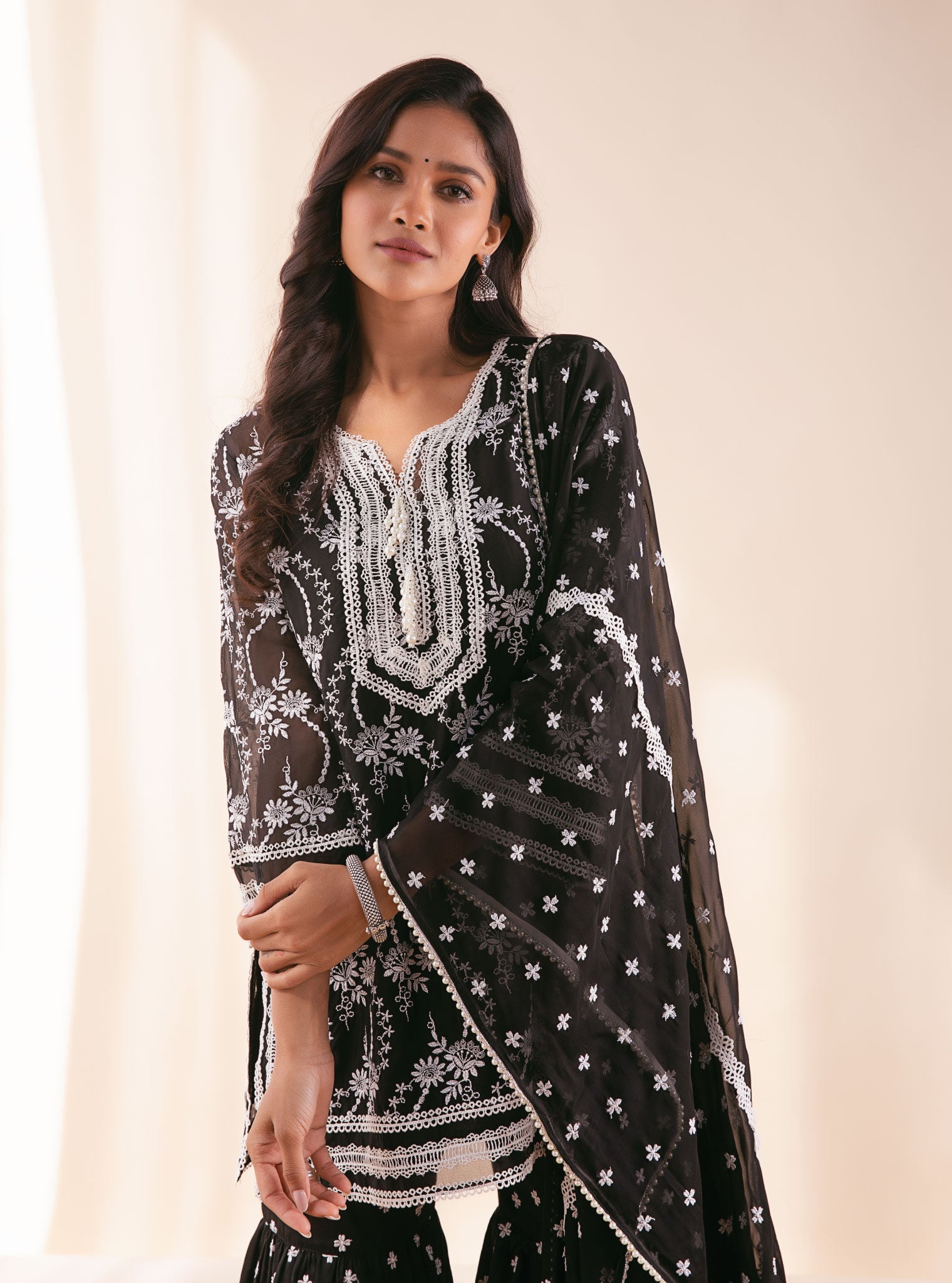 Mulmul Organza Luna Black Kurta With Supima Cotton Luna Black Garara