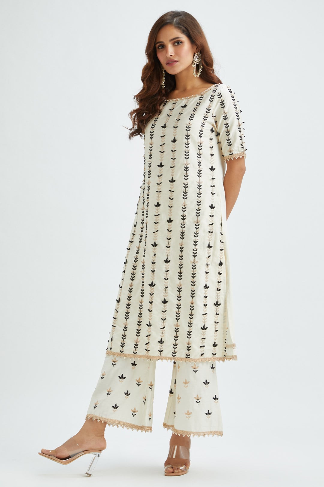 Mulmul Supima Satin Lynn Off White Kurta With Lynn Off White Pant