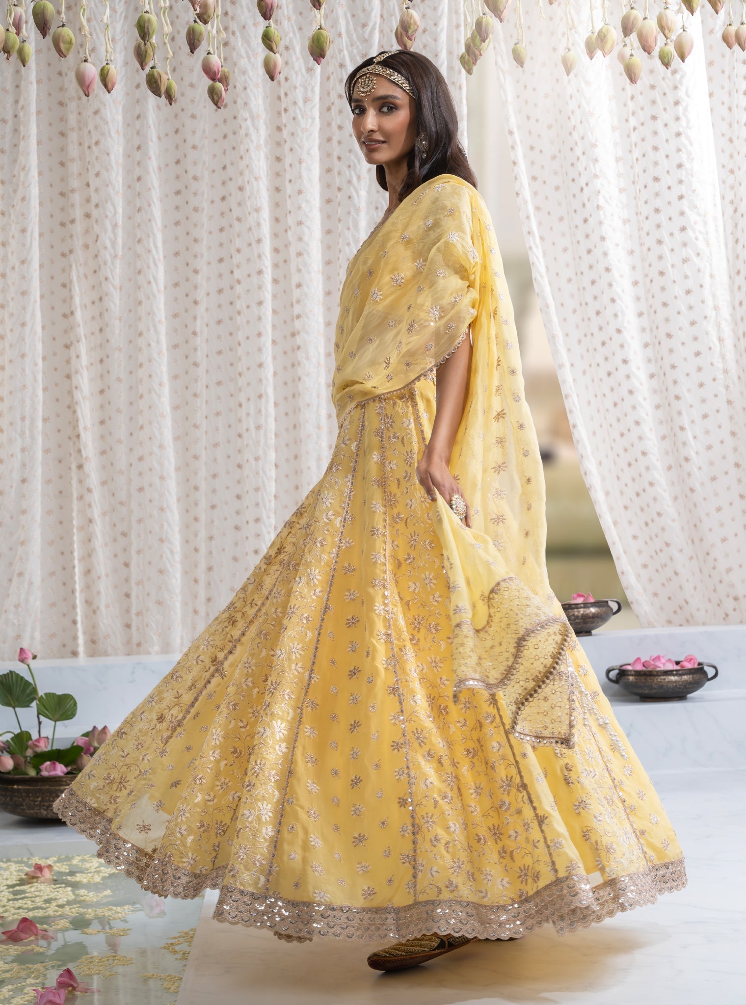 Mulmul Organza Madhvi Yellow Lehenga