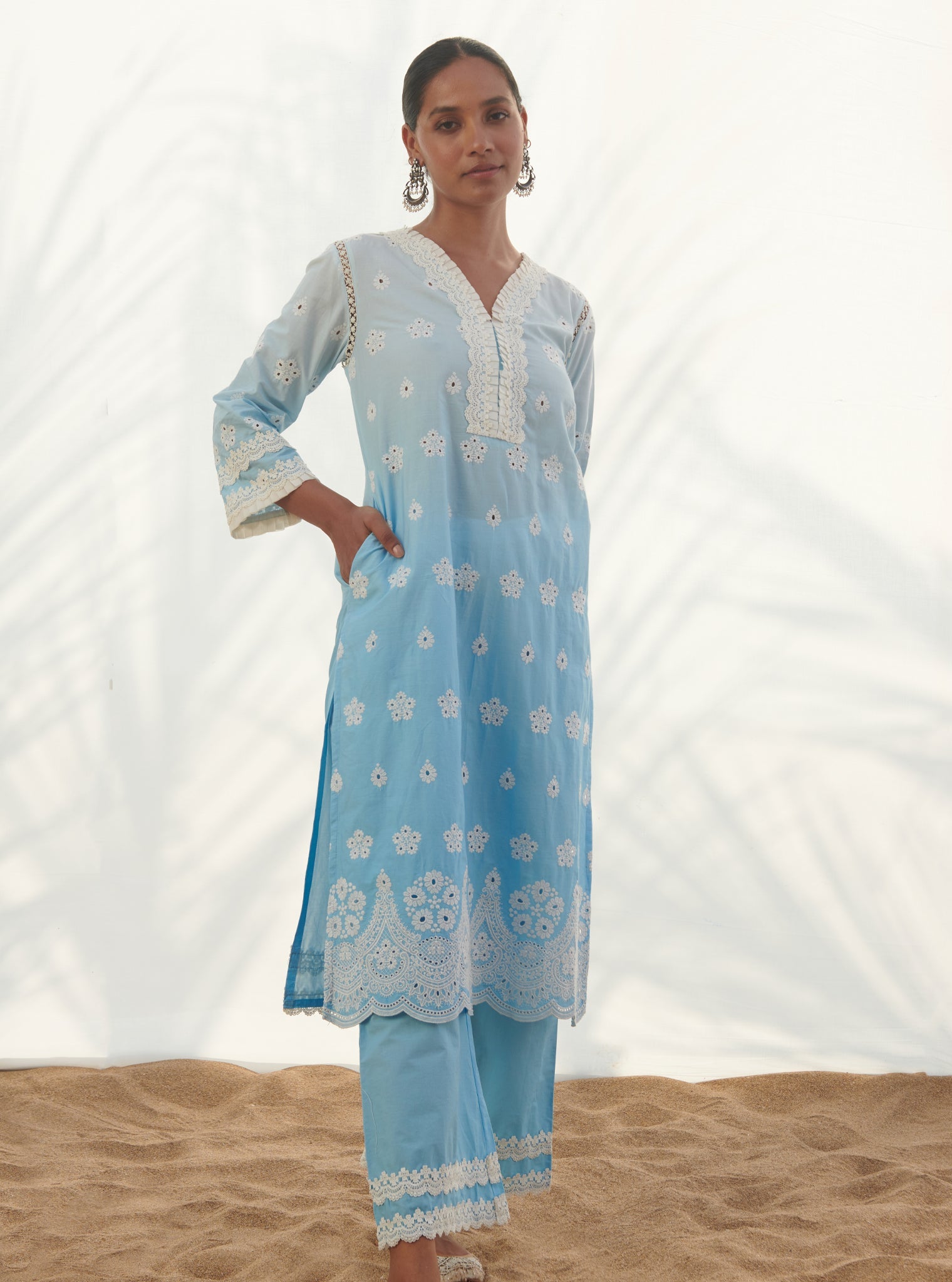 Mulmul Cotton Mandovi Blue Kurta With Mandovi Blue Pant