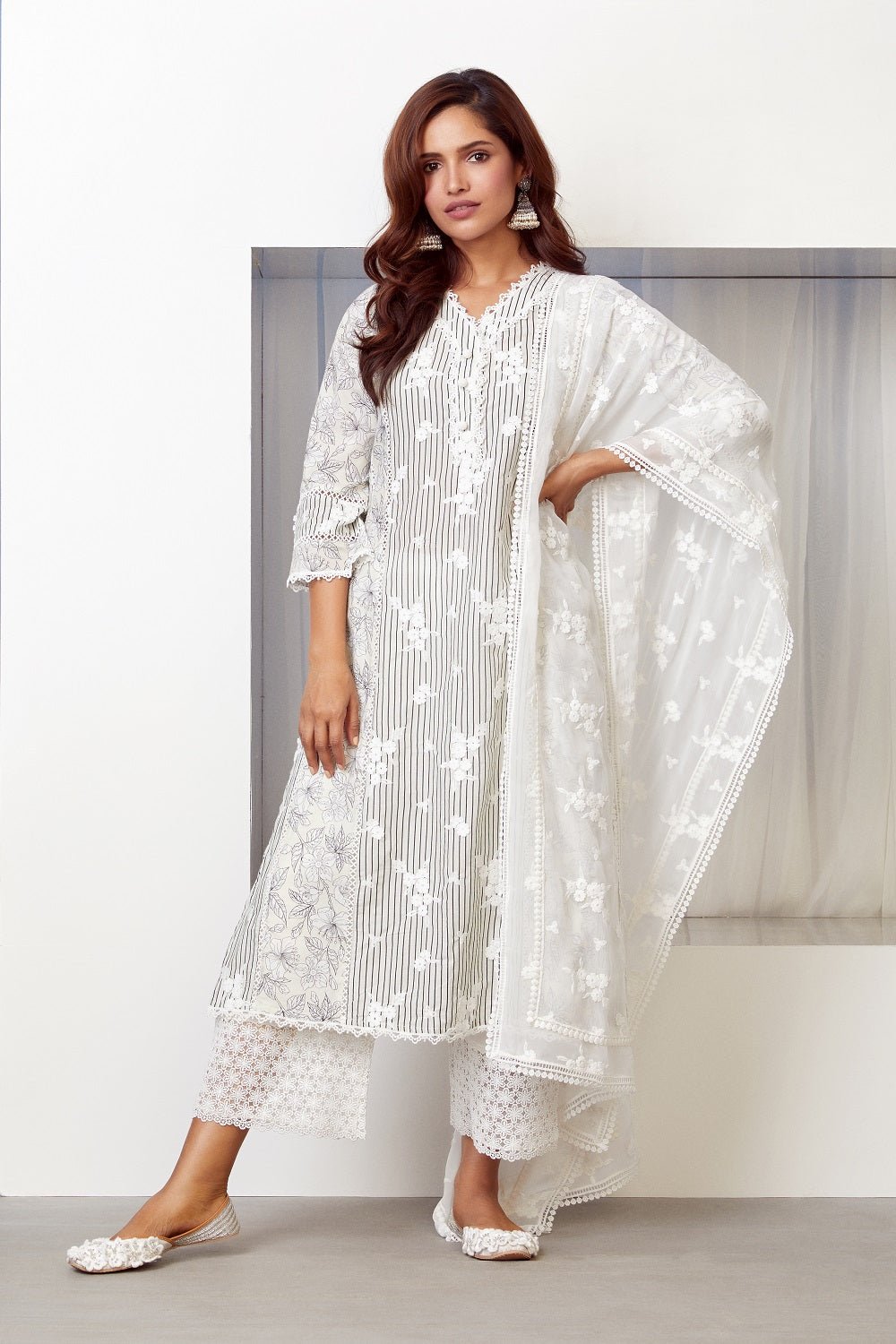 Mulmul Cotton Carnaby Kurta Off White With Lina Palazzo