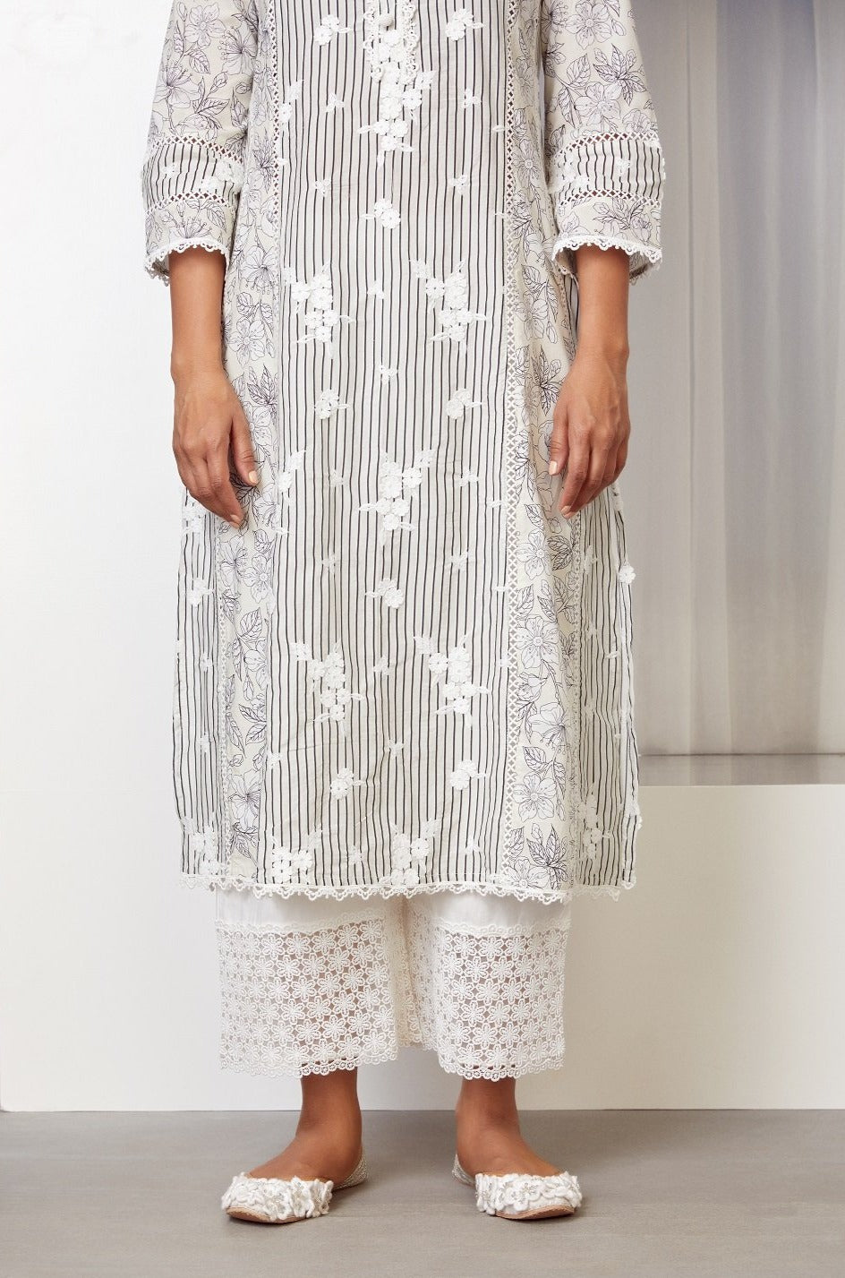 Mulmul Cotton Carnaby Kurta Off White With Lina Palazzo