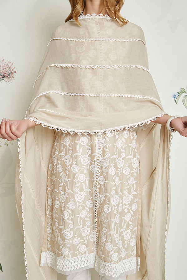 Mulmul Rose Beige Kurta with Slit Pyajama