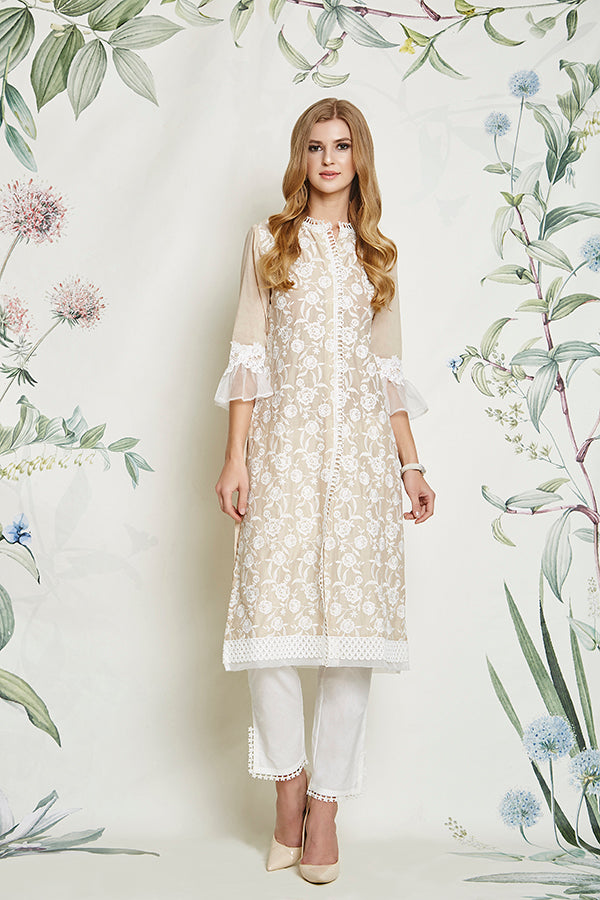 Mulmul Rose Beige Kurta with Slit Pyajama