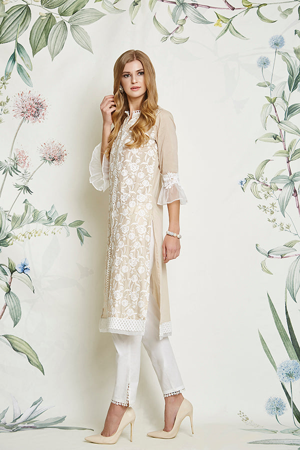 Mulmul Rose Beige Kurta with Slit Pyajama