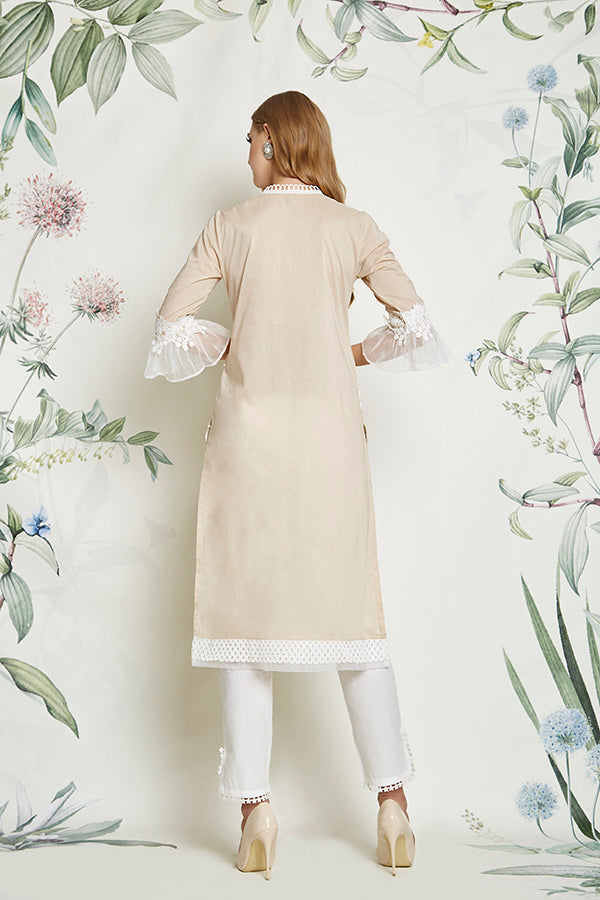 Mulmul Rose Beige Kurta with Slit Pyajama