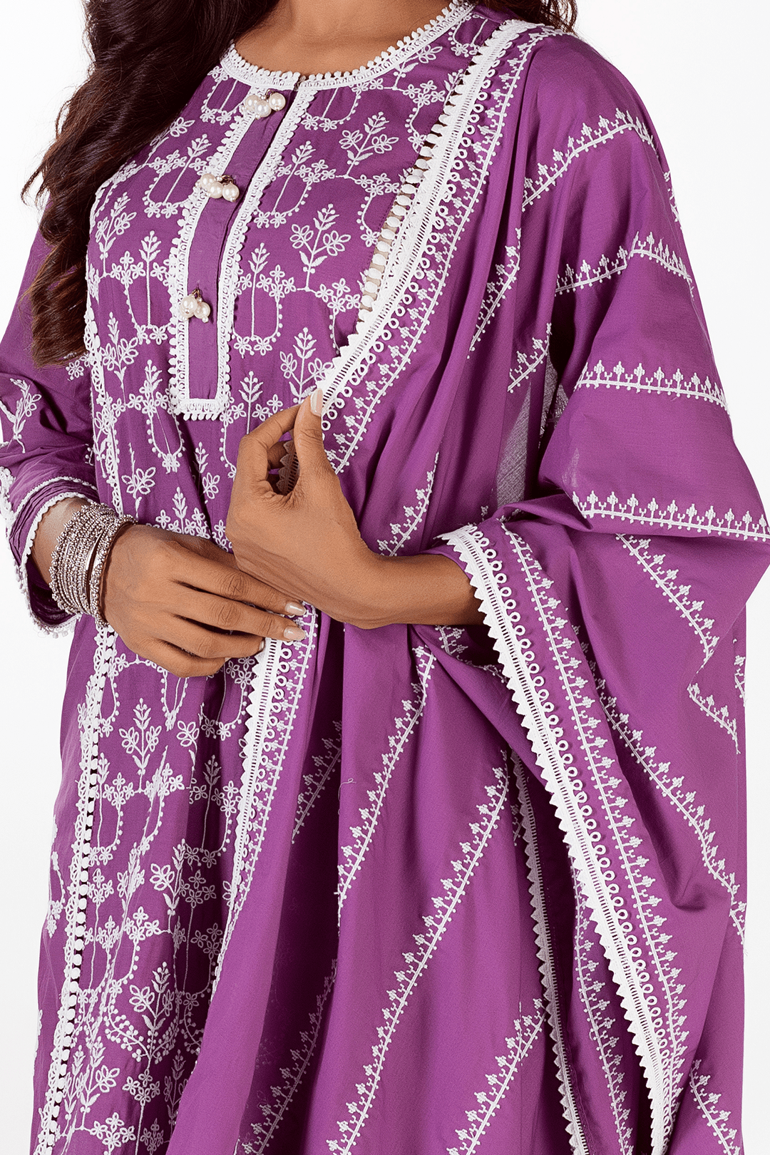 Mulmul Cotton Mae Purple Kurta With Mae Purple Pyajama