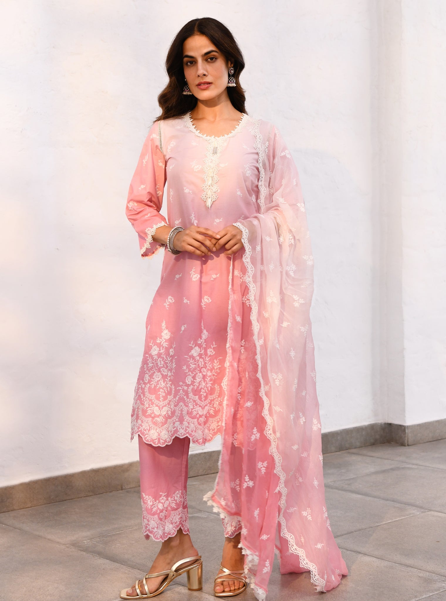 Mulmul Cotton Mandre Pink Kurta With Mulmul Cotton Mandre Pink Pant