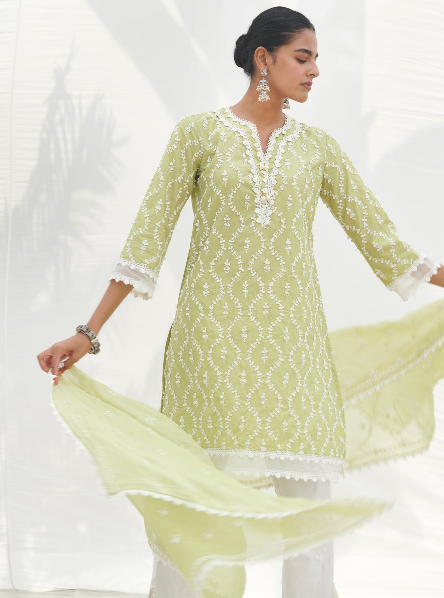 Mulmul Cotton Maneri Lime Kurta With Mulmul Cotton Emb Rounded Hem White Pant