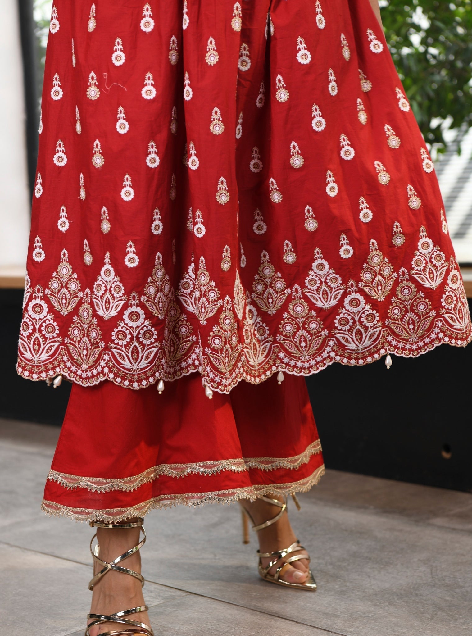 Mulmul Cotton Marina Anarkali Red Kurta With Marina Red Pant