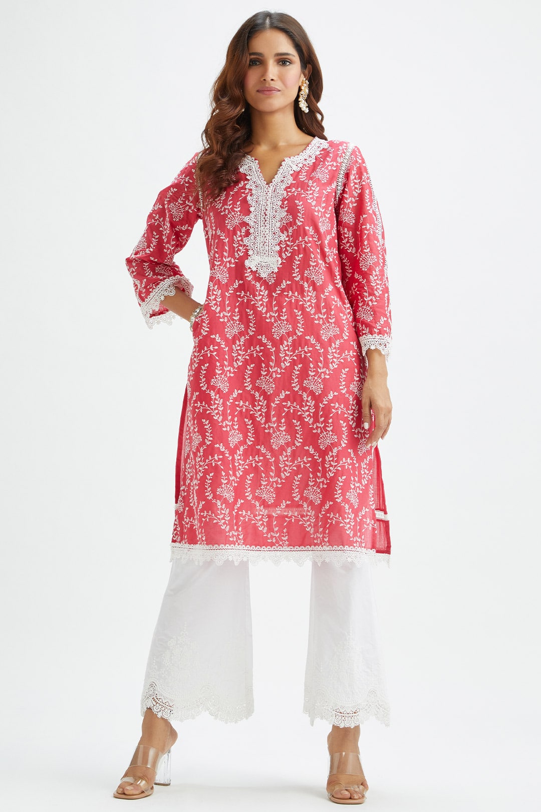 Mulmul Cotton Merlin Red Kurta With Emb Bellbottom White Pyajama