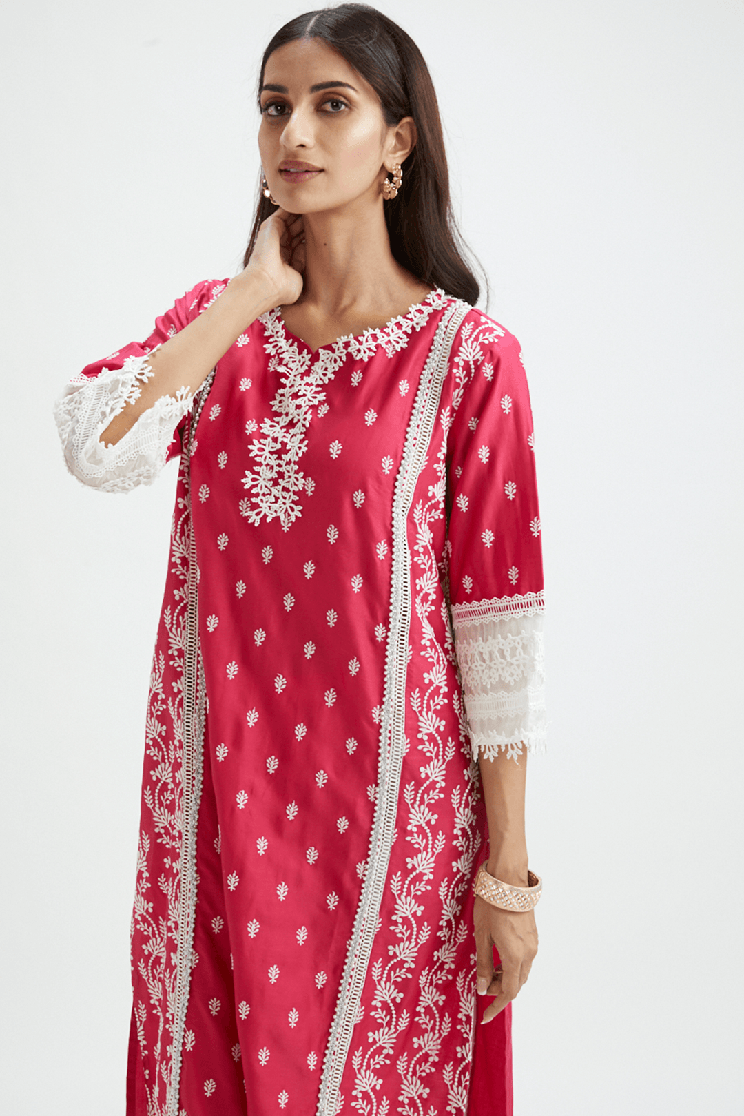 Mulmul Pima Satin Merry Kurta Fuchsia