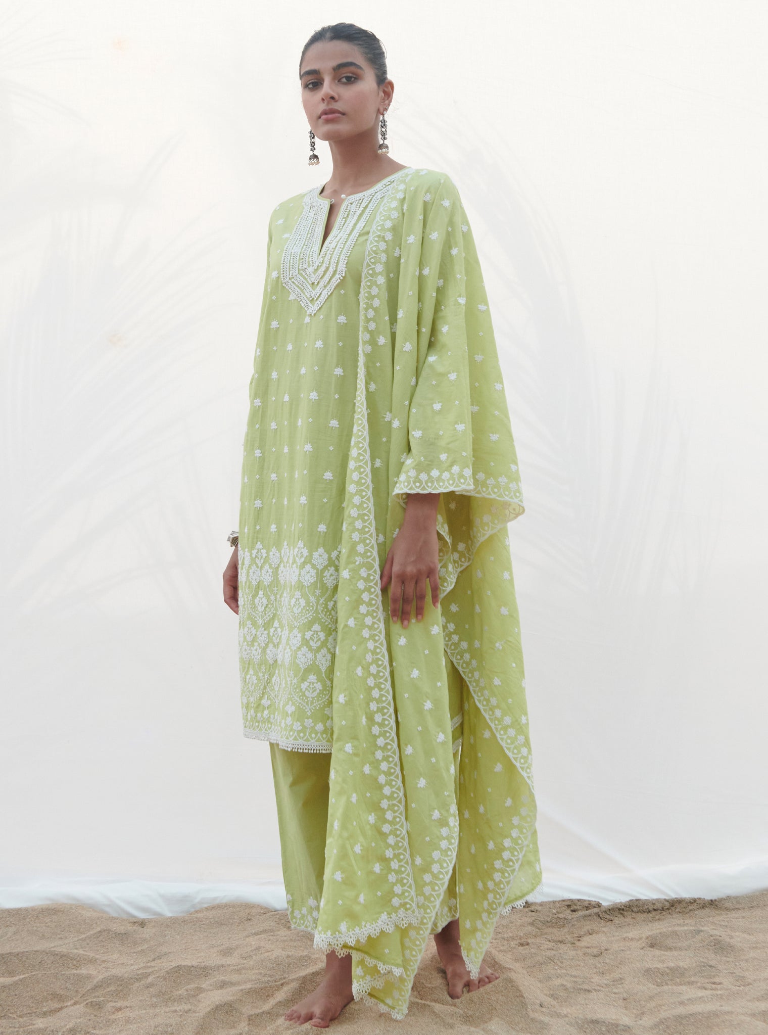 Mulmul Cotton Miramar Lime Kurta With Mulmul Cotton Miramar Lime Pant