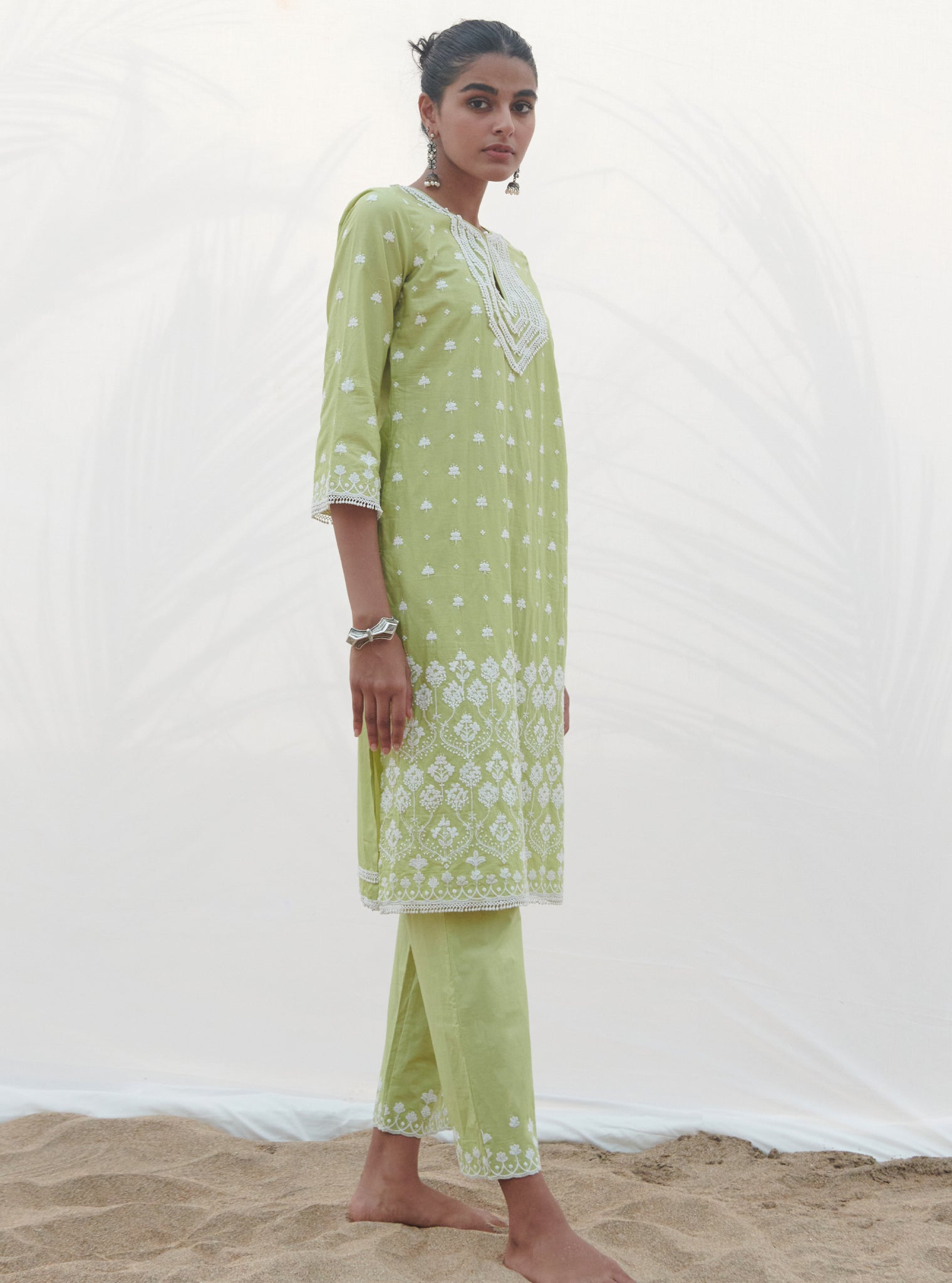 Mulmul Cotton Miramar Lime Kurta With Mulmul Cotton Miramar Lime Pant