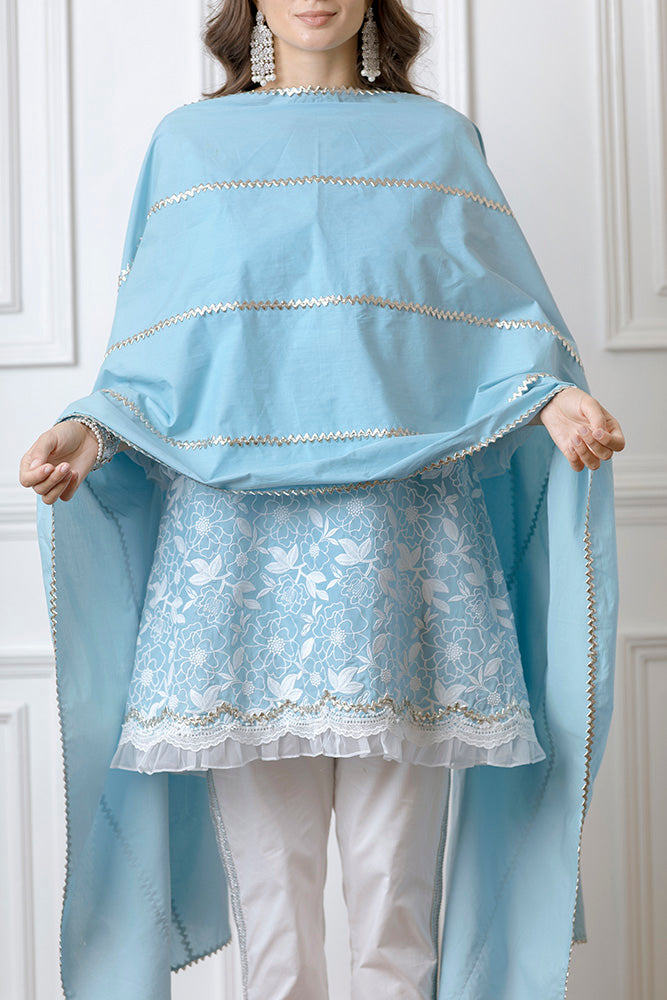 Mulmul Hana Turquoise Kurta with Gota Stripe Pyajama