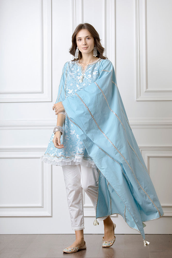 Mulmul Hana Turquoise Kurta with Gota Stripe Pyajama