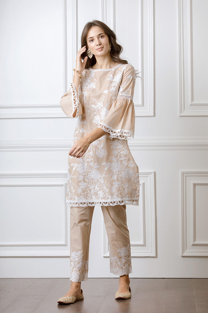 Mulmul Cecilia Beige Kurta With Floral Embroidered Pyajamas