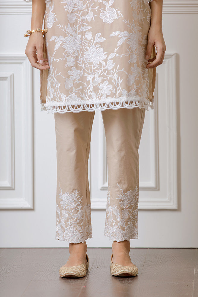 Mulmul Cecilia Beige Kurta With Floral Embroidered Pyajamas