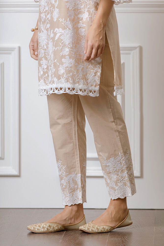 Mulmul Cecilia Beige Kurta With Floral Embroidered Pyajamas