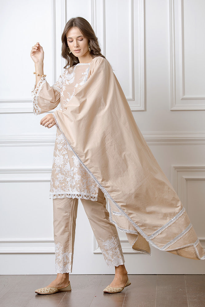 Mulmul Cecilia Beige Kurta With Floral Embroidered Pyajamas