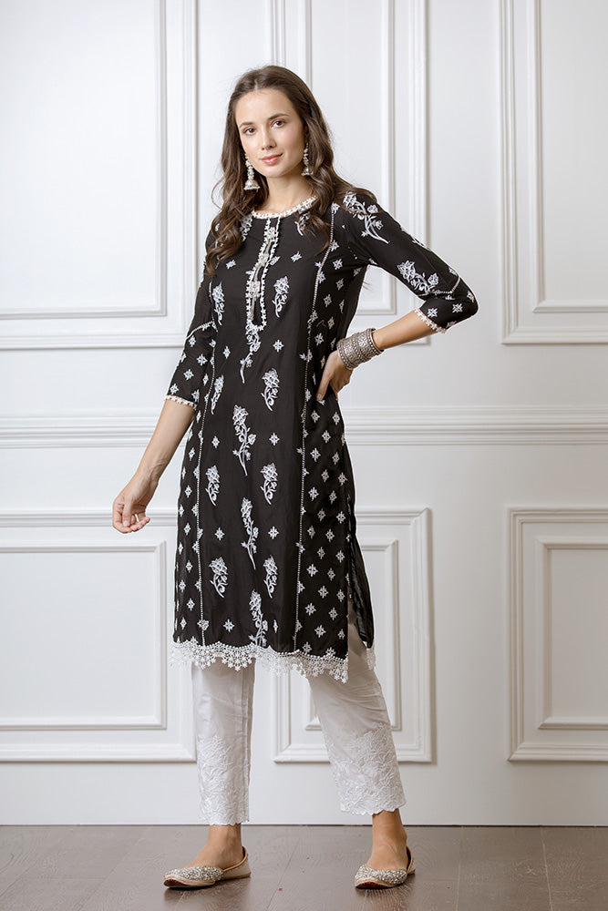 Mulmul Rue Black Kurta with Floral Embroidered Pyajamas