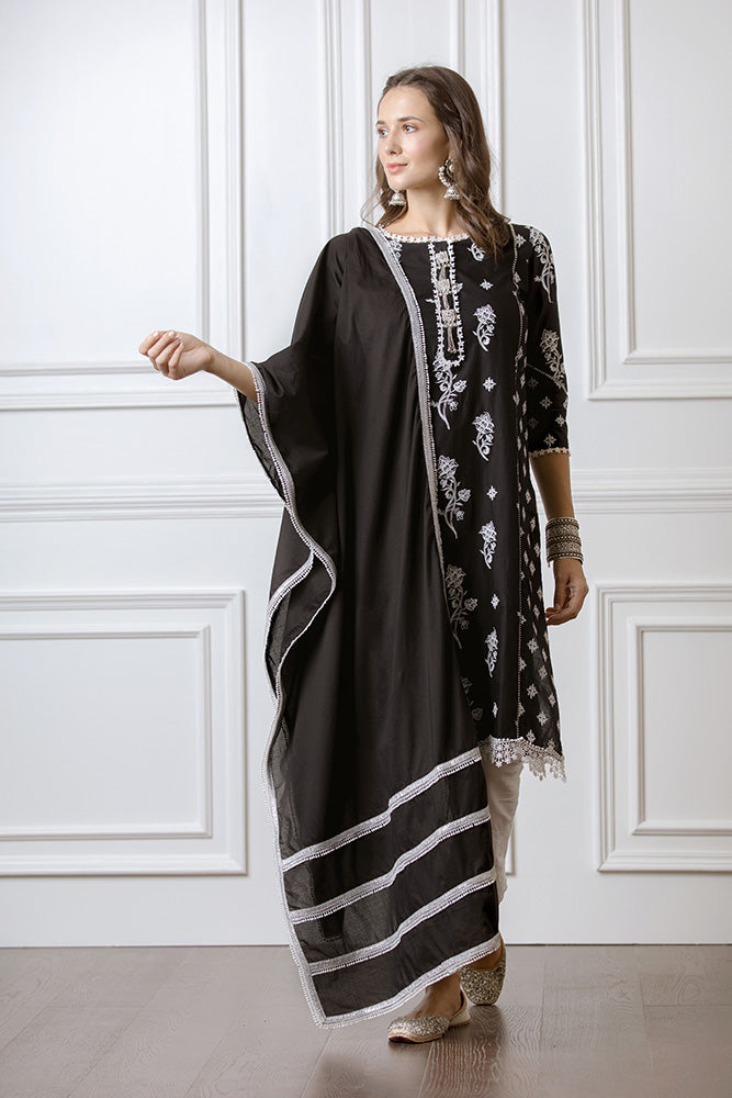 Mulmul Rue Black Kurta with Floral Embroidered Pyajamas