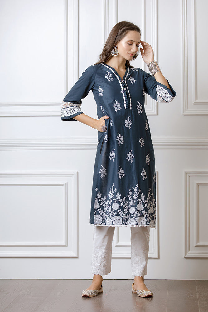 Mulmul Amber Navy Kurta With Floral Embroidered Pyajamas