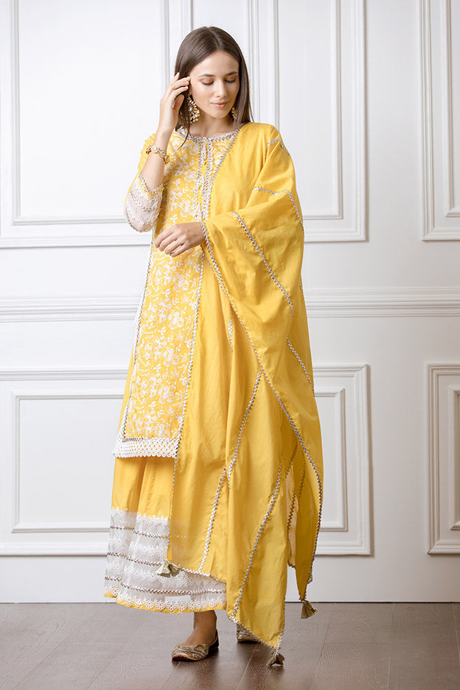 Mulmul Flora Mango Kurta With Gota Skirt