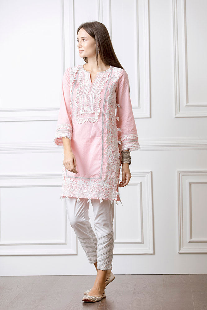 Mulmul Quill Pink Kurta with Gota Diagonal Pyajama