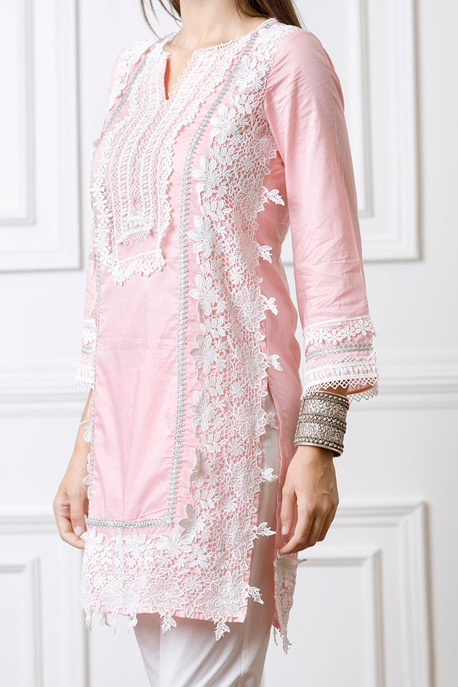 Mulmul Quill Pink Kurta with Gota Diagonal Pyajama