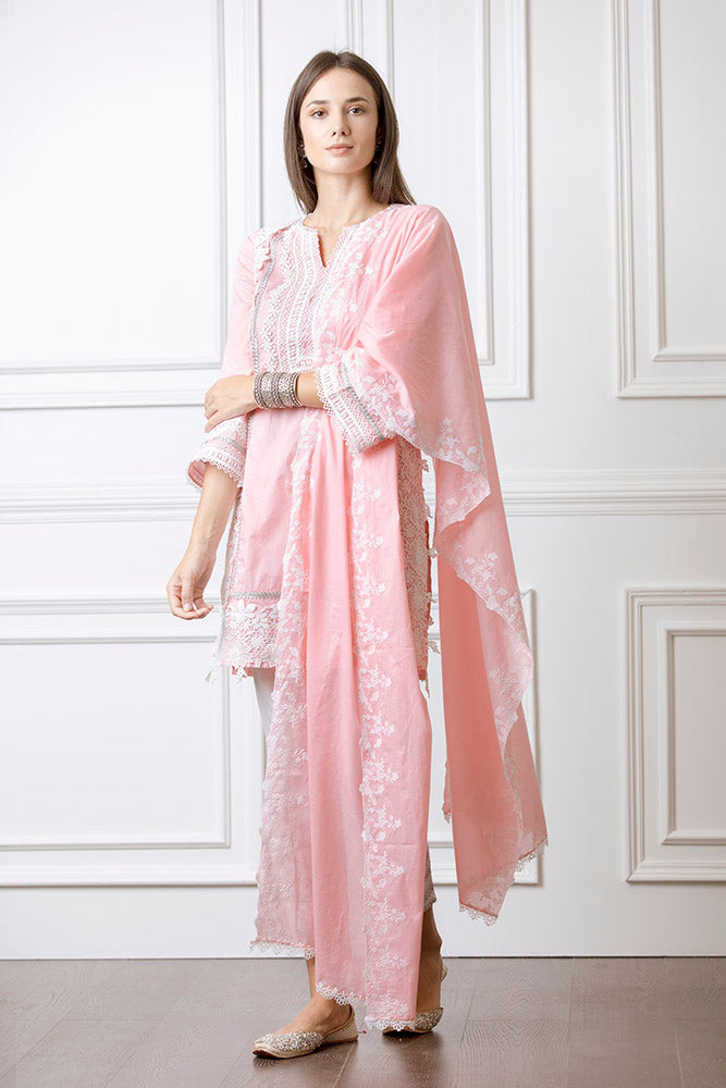 Mulmul Quill Pink Kurta with Gota Diagonal Pyajama