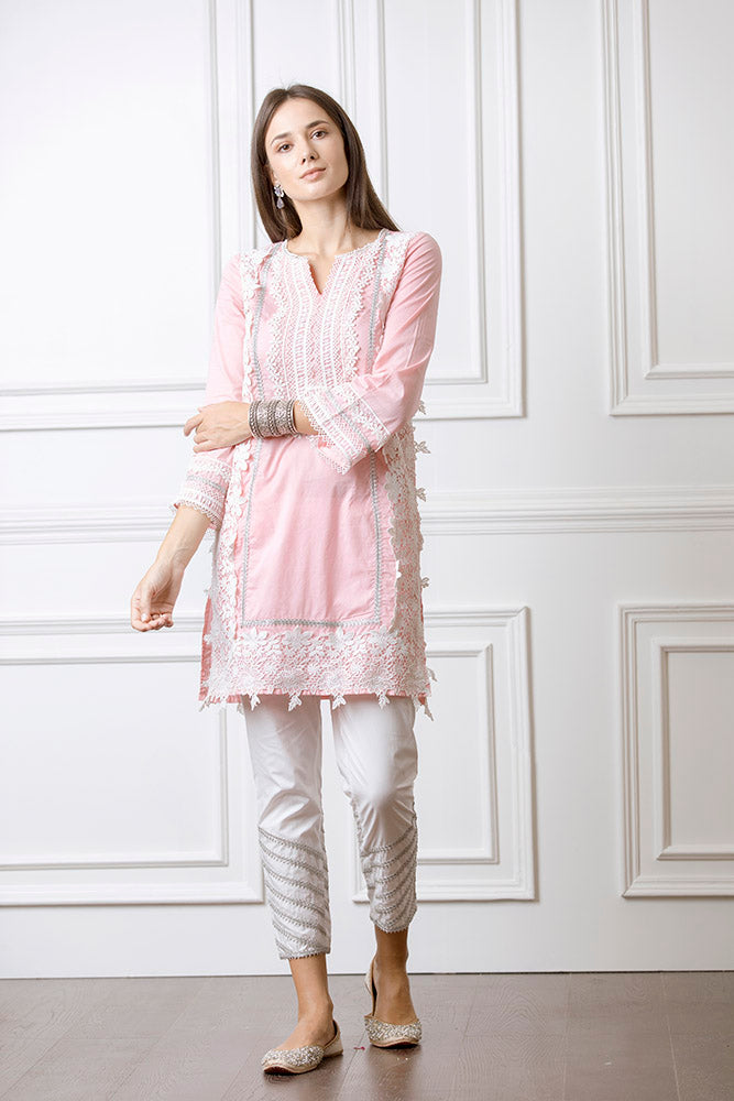 Mulmul Quill Pink Kurta with Gota Diagonal Pyajama