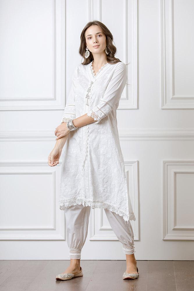 Mulmul Rosewood White Kurta With Harem pyajamas