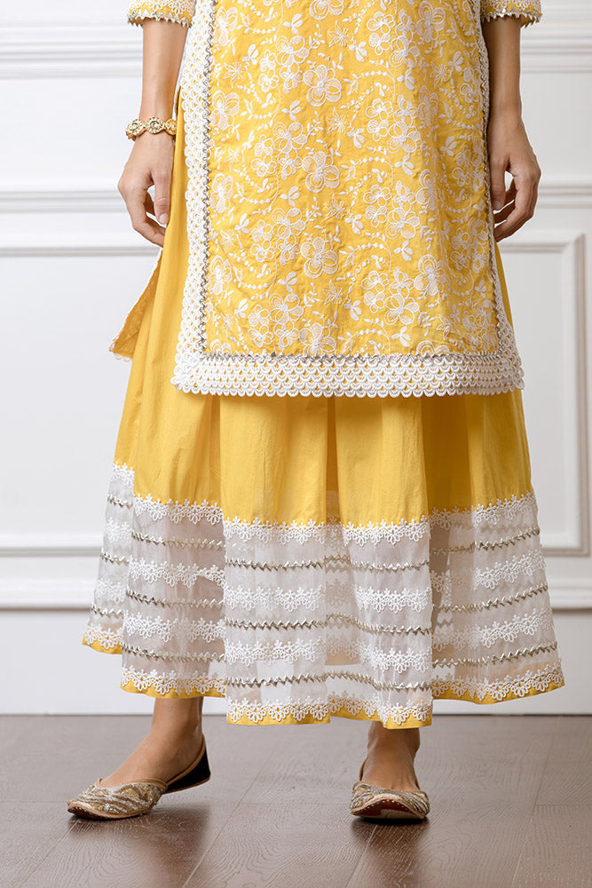 Mulmul Flora Mango Kurta With Gota Skirt