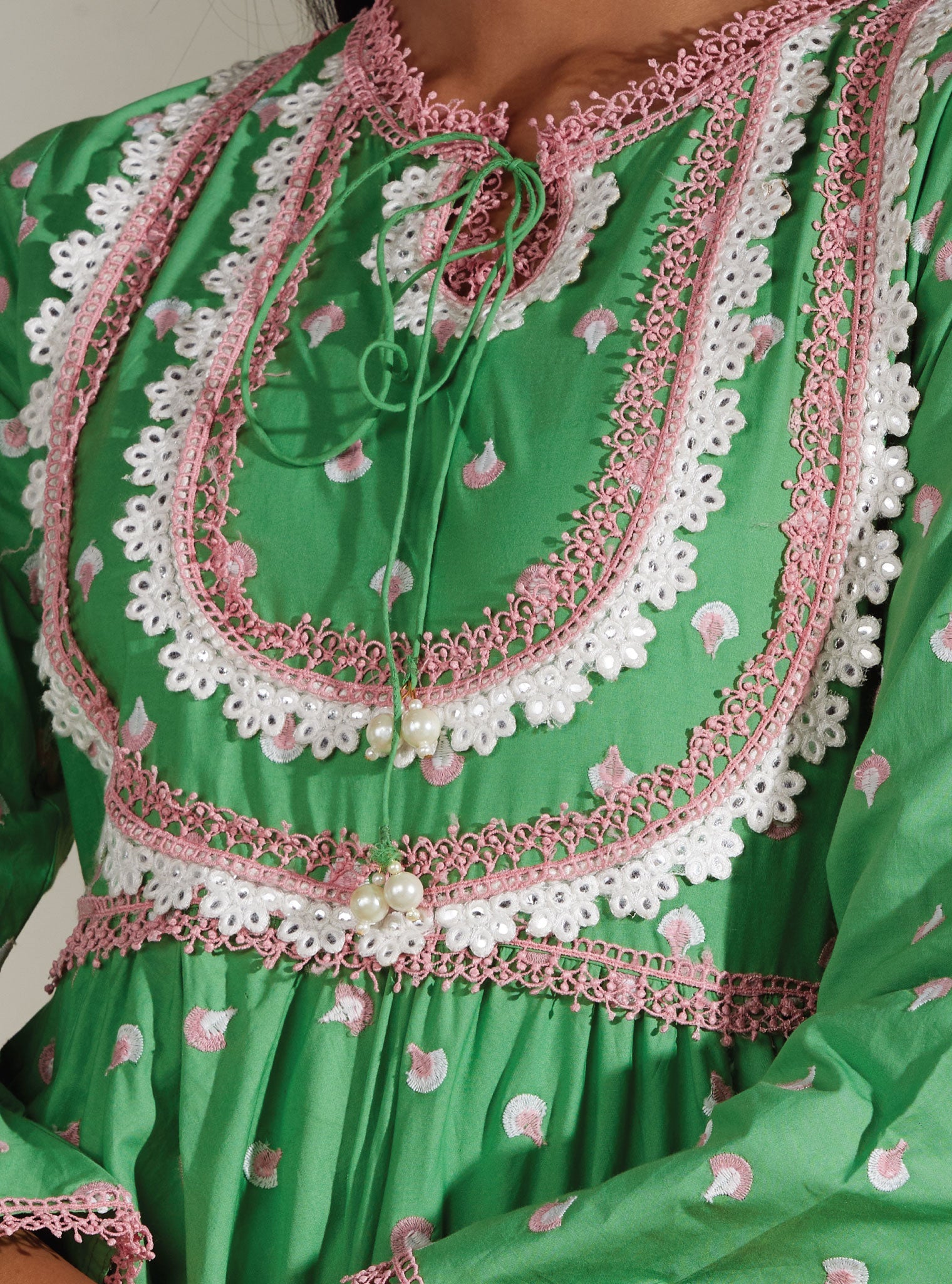 Mulmul Cotton Nadine Green Anarkali Kurta With Mirror Gota White Pant