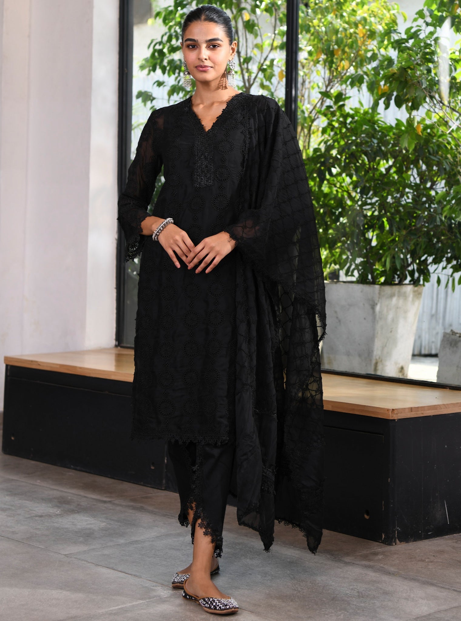 Mulmul Organza Nelli Black Kurta With Mulmul Cotton Nelli Black Pant