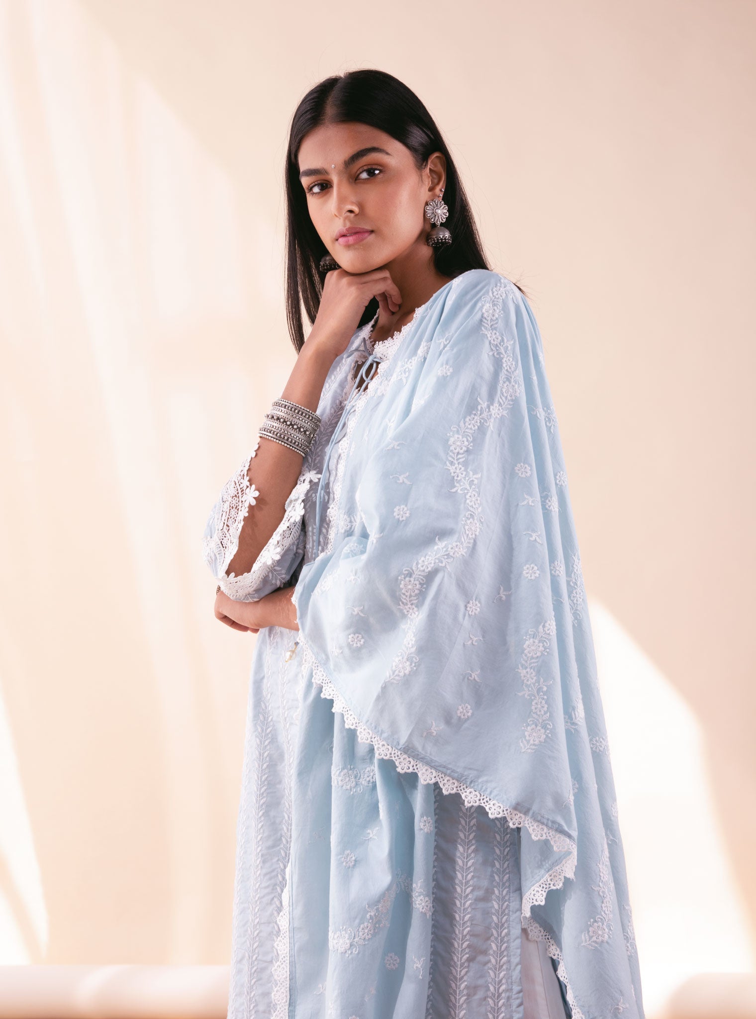 Mulmul Cotton Nina Light Blue Kurta With Broad Lace Insert White Pyajama