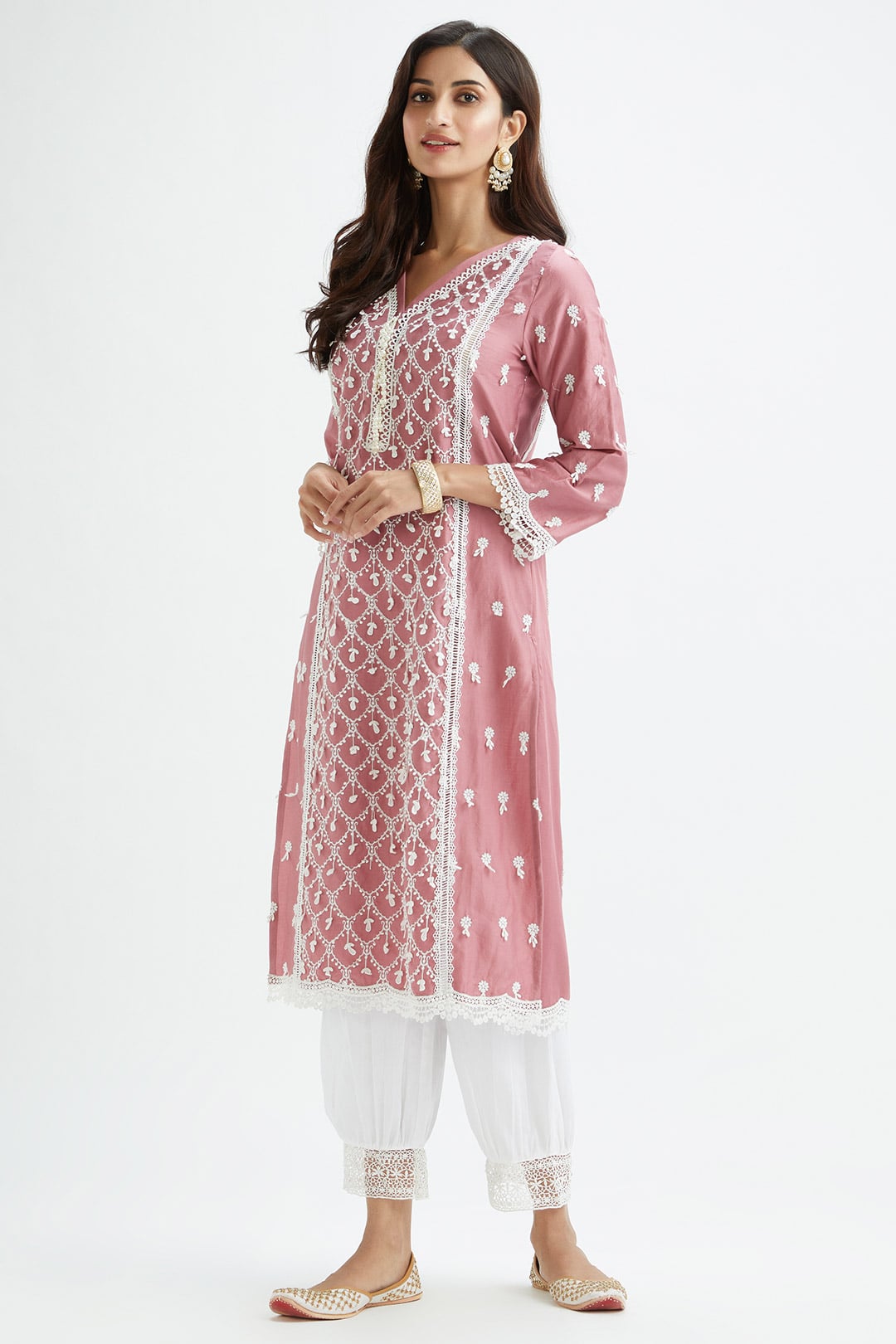 Mulmul Supima Satin Ollie Mauve Kurta With Lax Harem White Pant