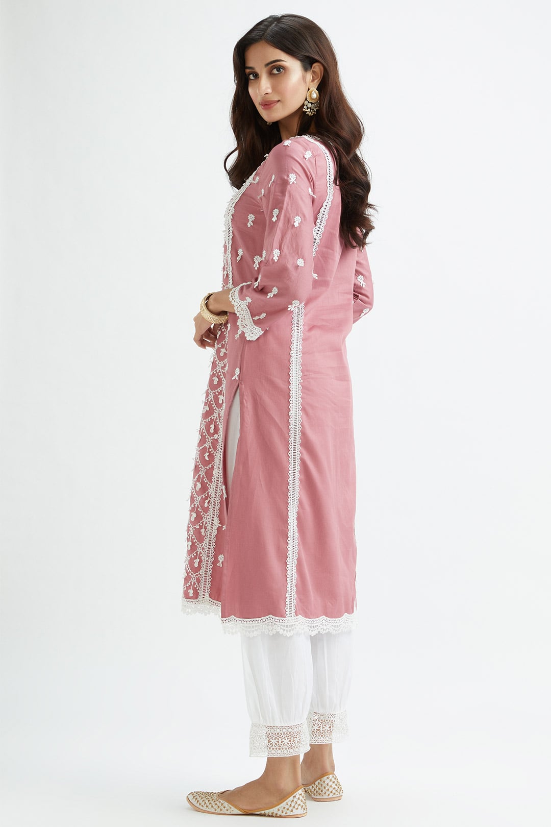 Mulmul Supima Satin Ollie Mauve Kurta With Lax Harem White Pant