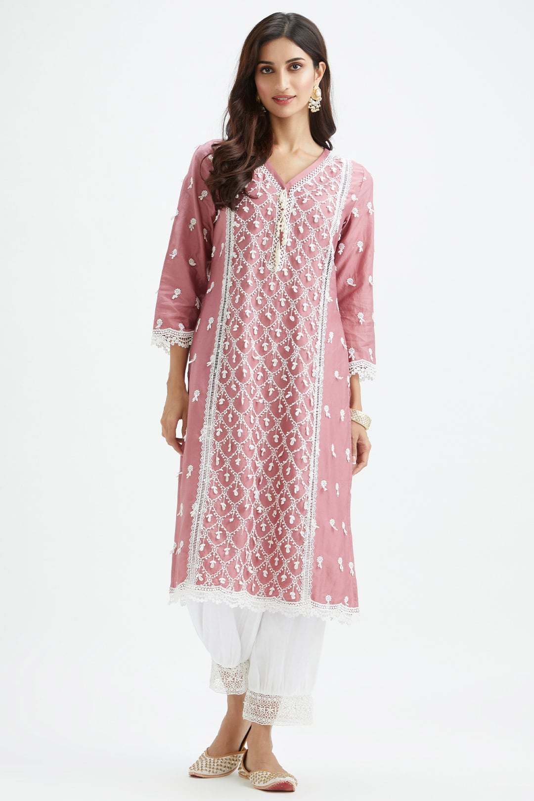 Mulmul Supima Satin Ollie Mauve Kurta With Lax Harem White Pant