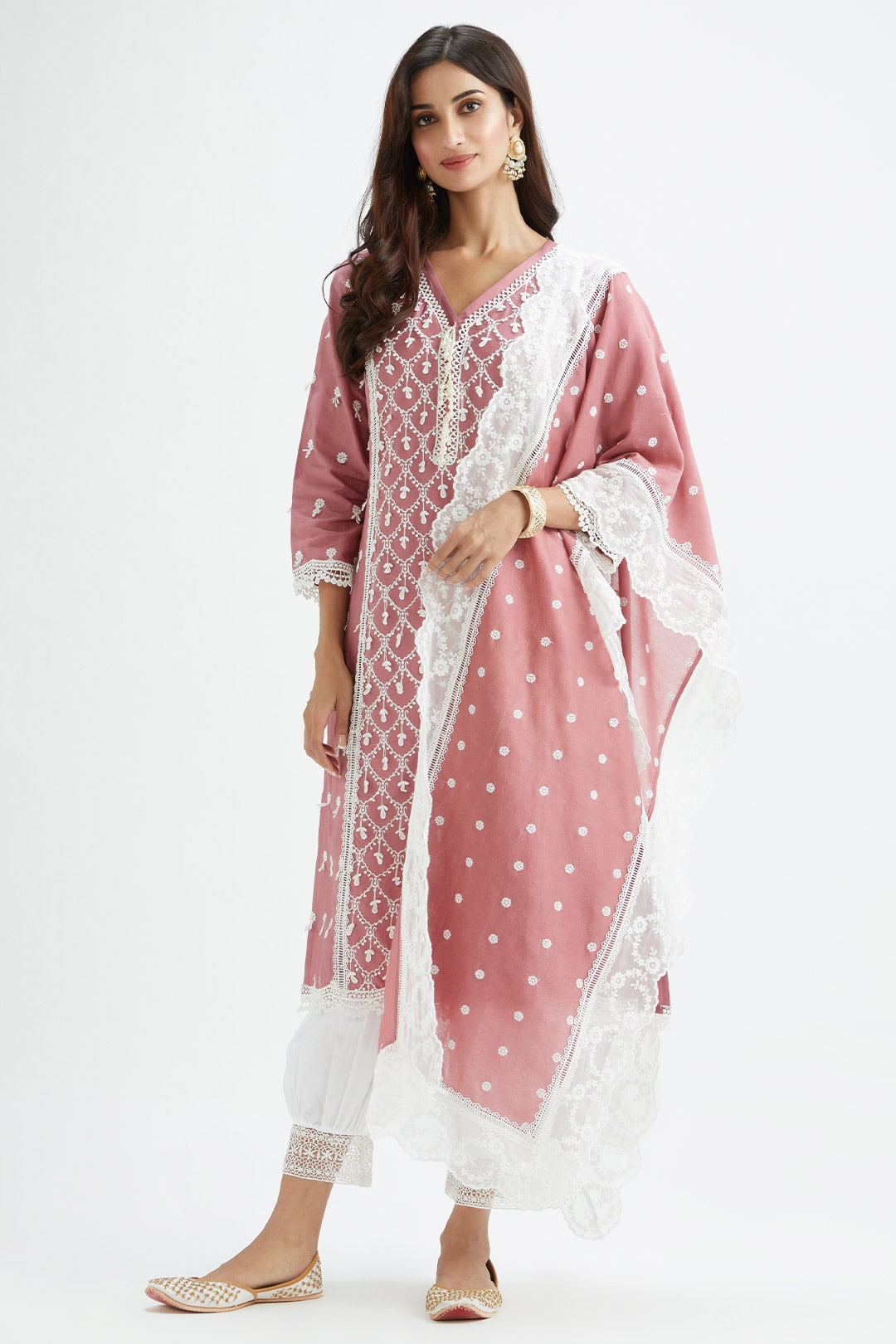 Mulmul Supima Satin Ollie Mauve Kurta With Lax Harem White Pant